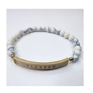 Stretch Beaded Bracelet Blessed Gold Bar White Marbled Stone